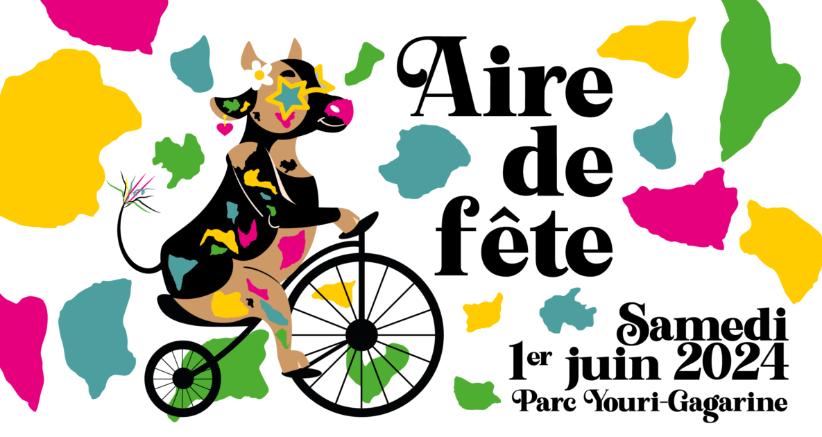 Visuel Aire de fête 2024 - vache avec lunettes de soleil sur un vélo sur fond aux motifs vache de couleurs vives.